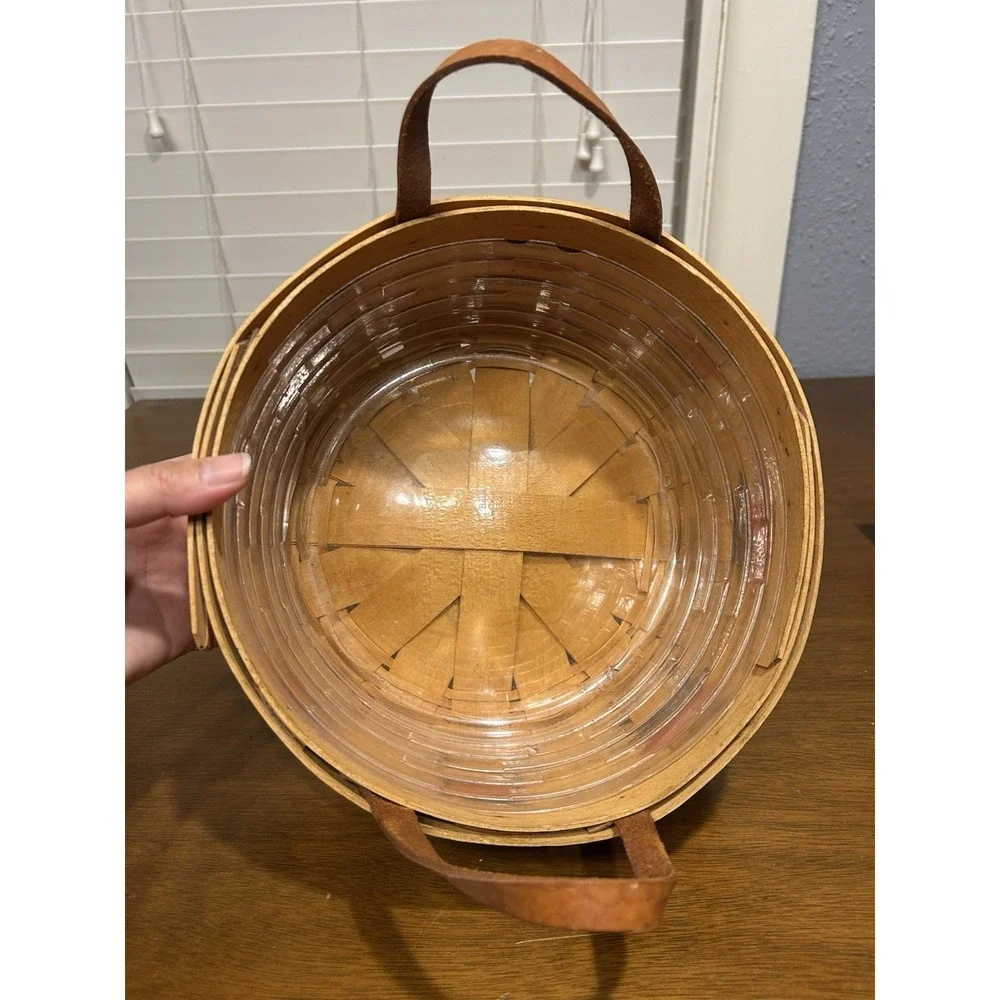 Longaberger 1999 Woven BUTTON BASKET Green Red Blue w/ Liner & Leather Handles